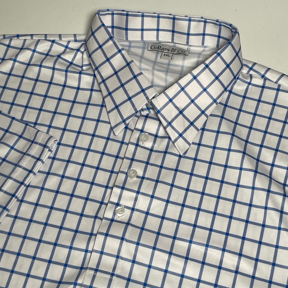 Collars & Co Mens 3XL White Blue Windowpane Dress Collar Polo Shirt Short Sleeve